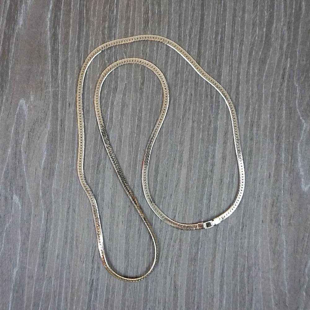 Vintage Silver-Toned Flat Herringbone Long "Magic Chain" Necklace